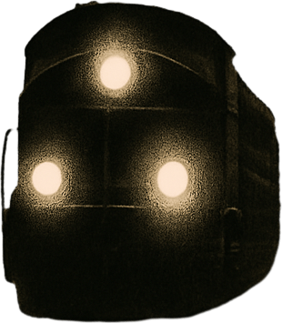 A train is coming down a narrow railway track that cuts through a rural road, surrounded by trees and open fields. It's early morning with light mist, headlights of the train glowing, and a sense of motion as the train approaches..
2d.  High contrast
