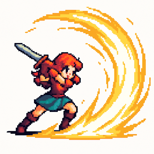 swordsgirl hero attack, sending shockwaves, pixel art, no background.
In-Game asset.  2d.  High contrast.  No shadows