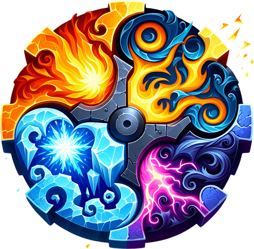 Elemental Gear Icon:
A gear made of multiple materials (fire, ice, lightning, and shadow) fused together, symbolizing crafting hybrid powers..
Colors: Vibrant orange, blue, yellow, and dark purple.