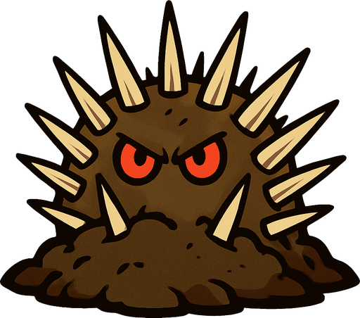 una planta que emerge del suelo como una masa de tierra marrón, semi-enterrada. De ella sobresalen una serie de púas afiladas de color beige, de diferentes tamaños y ángulos, dispuestas en varias filas. En el centro, asoman dos ojos pequeños y rojos, con una mirada intensa y ligeramente enojada..
In-Game asset.  2d.  High contrast.  No shadows