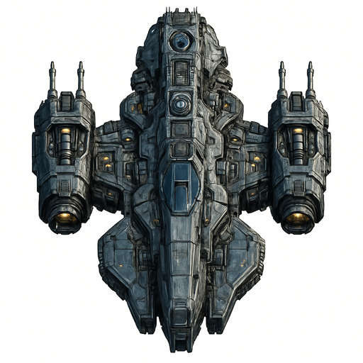 Uzay temalı Savaş Gemisi, gerçekçi, yazısız üstten görünüm. 
In-Game asset.  High contrast.  No shadows