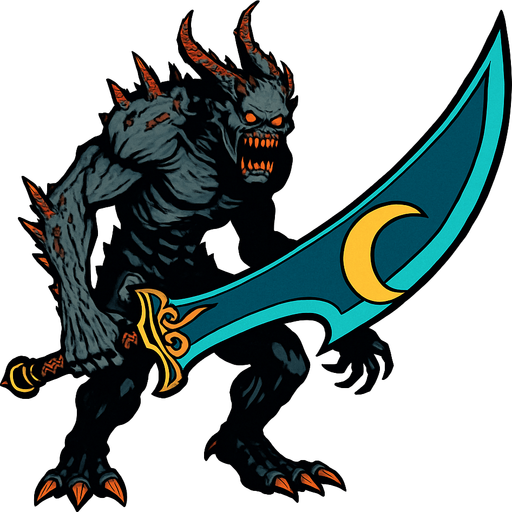 It's a scary monster, it has a 50-meter sword in its hand, it looks like the full moon sword in the game Metin2..
In-Game asset.  2d.  High contrast.  No shadows