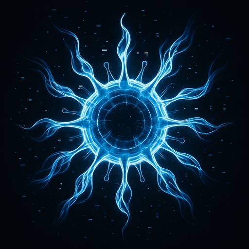 sleek spectral virus entity, flowing energy trails, ghostly and translucent, topdown view, neon blue and white accents, glitch particles, sci-fi, circular, symmetrical.
In-Game asset.  2d.  High contrast.  No shadows