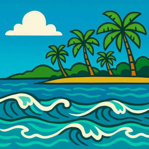 The tropical ocean with the shore of an island in the far background easily looping itself.
In-Game asset.  2d.  High contrast.  No shadows