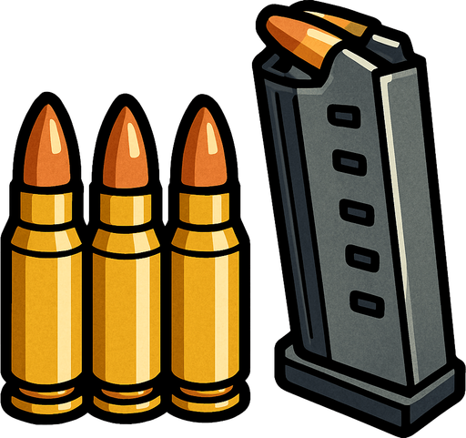 3 adet yan yana mermi, şarjör.
In-Game asset.  2d.  High contrast.  No shadows