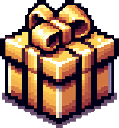 Pixel art of a golden christmas present. Single Game Texture. In-Game asset. 2d. Blank background. High contrast. No shadows.