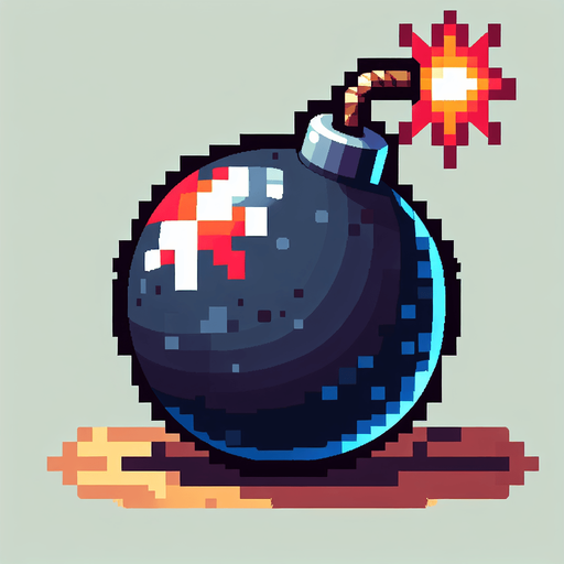 a cartoon bomb. bright. shiny. pixel art. no text. front view. already lit..
Single Game Texture. In-Game asset. 2d. Blank background. High contrast. No shadows.