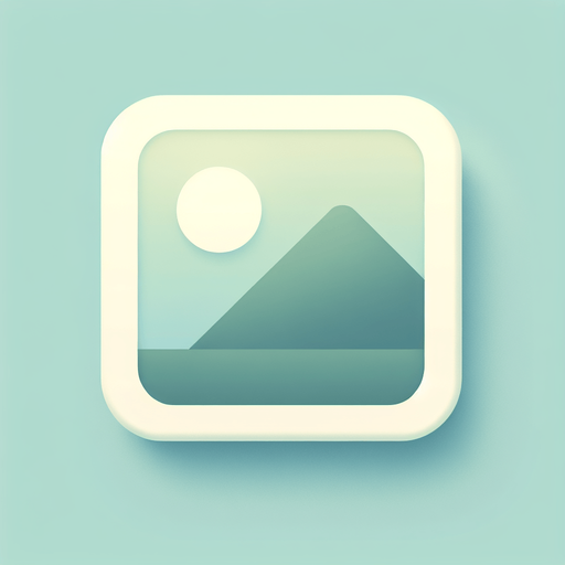 A square app store icon with rounded edges, designed for a Picture File app. The icon features a basic landscape graphic in the center, showing a simple mountain and sun design. The background is a gradient of light green to blue, keeping the aesthetic clean and visually appealing.
Single Game Texture. In-Game asset. 2d. Blank background. High contrast. No shadows.