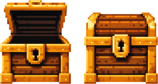 An old treasure chest with a lid open and lid closed version. From straight on view. Retro pixelated art..
In-Game asset.  2d.  High contrast.  No shadows