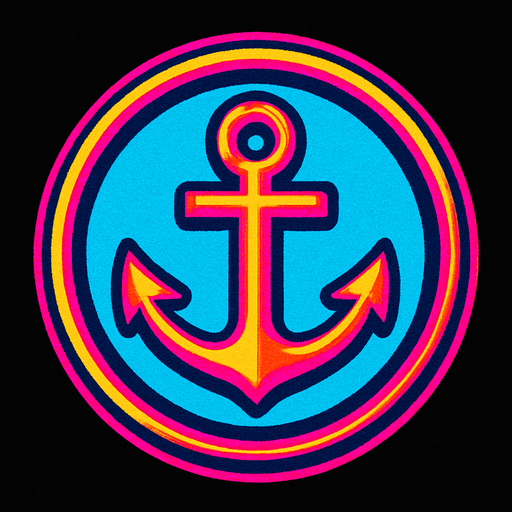 A round button with an embossed edge with an anchor in the center. 80s arcade machine graphics..
In-Game asset.  2d.  High contrast.  No shadows