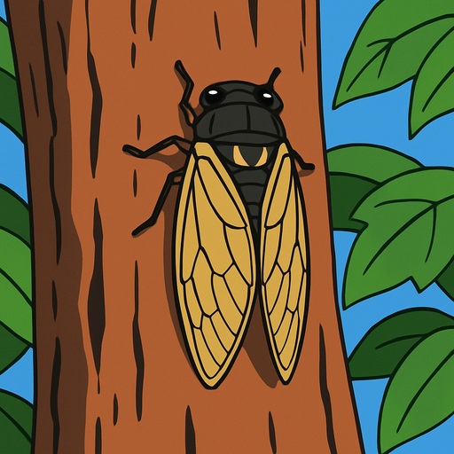 gambar 2d anime cicada hinggap di batang besar lebar pohon.
In-Game asset.  2d.  High contrast.  No shadows