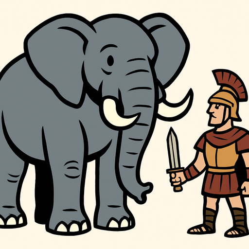 Animasyon çizgi dizi tarzında büyük ve devasa bir fil çiz yanındada elinde kılıç olan eski çağlardan bir asker olsun.
In-Game asset.  2d.  High contrast.  No shadows