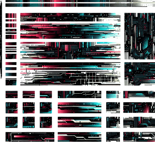 glitch effect designed to obscure parts of an image, styled with a corrupted, high-tech aesthetic. The effect features jagged digital distortions, horizontal and vertical lines, and fragmented static noise that mimic a malfunctioning screen. Irregular bands of color, like red, blue, and green, are interspersed with black and white static, creating a chaotic yet visually engaging pattern.

Some areas include fragmented text or pixelated blocks, further enhancing the glitchy, corrupted look. The overall effect has sharp, uneven edges, making it blend naturally into a disrupted image. Subtle hints of glowing lines or grid-like structures add a futuristic feel while keeping the distortion dense enough to effectively conceal parts of the underlying image. This glitch effect is ideal for creating a sense of mystery or simulating the appearance of a compromised digital screen.
Single Game Texture. In-Game asset. 2d. Blank background. High contrast. No shadows.