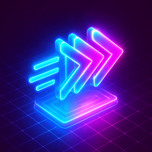 Top down isometric neon cyberpunk futuristic fast forward 3D speed, agility, rapidness symbol glowing hologram vaporwave
