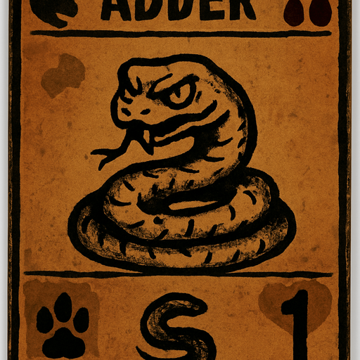 Design a rectangular card that looks like it's from an old card game, with a faded parchment-style background in a dull orange-brown color and a dark border. At the top of the card, display the word "ADDER" in bold, uppercase letters. In the top-left corner, include a dark gray snake head silhouette symbol. In the top-right corner, place two dark red blood drop icons. In the center of the card, draw a coiled snake with a threatening expression, hand-drawn style, with rough and slightly uneven lines. The snake should have a forked tongue sticking out and a sinister look in its eyes. In the bottom-left corner, add a black paw print icon with the number "1" next to it. In the bottom-right corner, include a heart-like icon also with the number "1" beside it. The overall atmosphere of the card should be dark, eerie, and mystical, with an old, handmade aesthetic..
In-Game asset.  2d.  High contrast.  No shadows