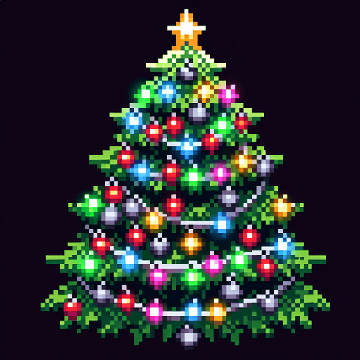 A christmas tree. Pixelart. Single Game Texture. In-Game asset. 2d. Blank background. High contrast. No shadows.