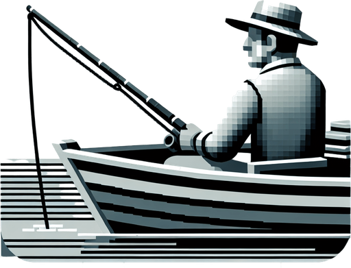 Man fishing on boat.
Single Game Texture.  In-Game asset.  2d.  Blank background.  High contrast.  No shadows