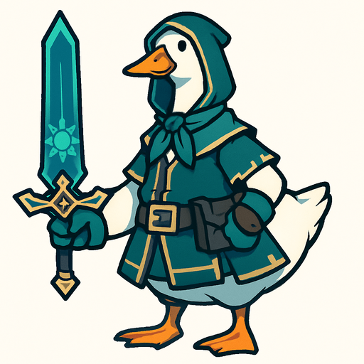 An Emden Goose in Blue Sun Treasure Hoarder Outfit with Blue Sun Long Sword.
In-Game asset.  2d.  High contrast.  No shadows