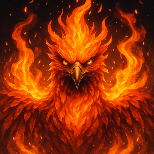 Fénix envuelto en llamas mirando al frente, algo realista, pero no poner un pájaro rojo cualquiera.
In-Game asset.  2d.  High contrast.  No shadows