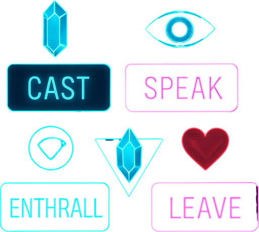 Neon cyberpunk mobile game menu overlay boxes for CAST, SPEAK, CALL, ENTHRALL, LEAVE magic gemstone crystal sigil eyeball heart triangle topdown flat 3d 2d hologram futuristic glowing occult chic HOLOGRAM menu