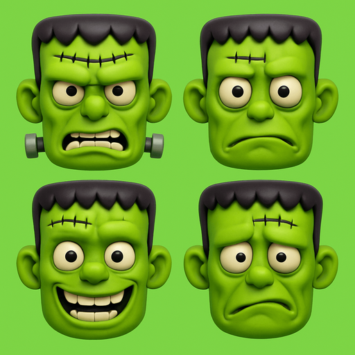 3D frankenstein Scary and funny cute face meme. different faces look. face only
In-Game asset.  3D.  High contrast.  No shadows