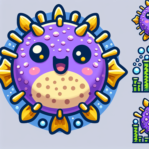 a game logo for a game called 'Bubble Blower Tycoon' about a happy purple pufferfish with yellow fins and spines that builds an underwater empire of bubbles. Cartoon.
Single Game Texture.  In-Game asset.  2d.  Blank background.  High contrast.  No shadows