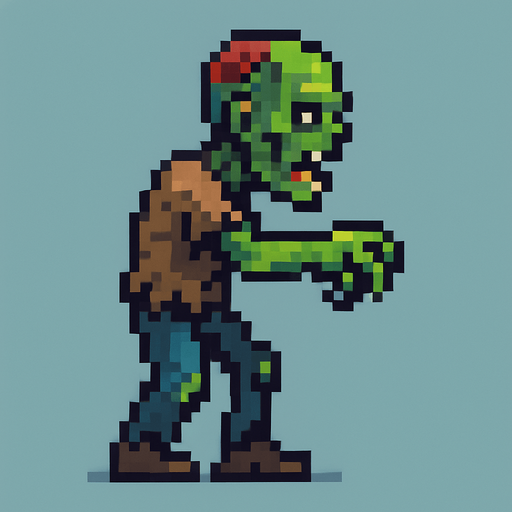 A pixel art zombie facing left in a side view..
In-Game asset.  2d.  High contrast.  No shadows