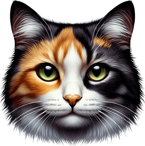 Tricolor cat face view.
Single Game Texture. In-Game asset. 2d. Blank background. High contrast. No shadows.