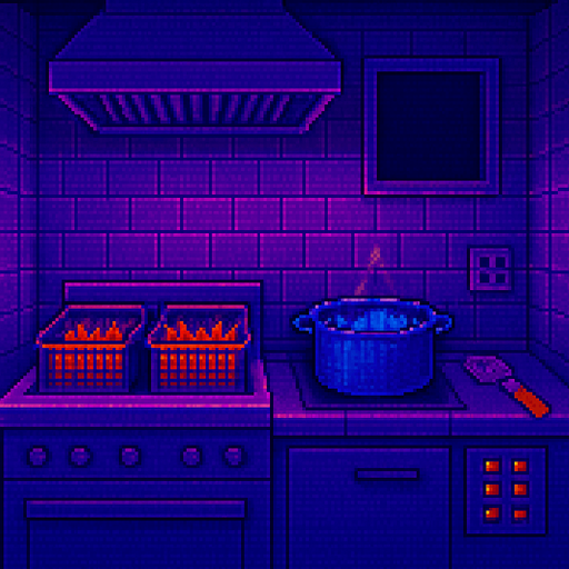 A background image view looking into a fry kitchen.