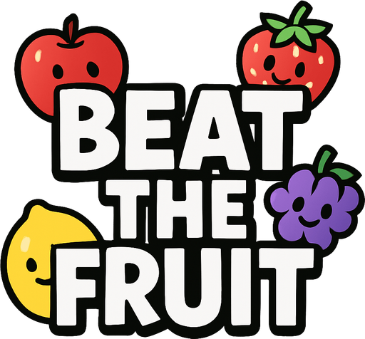 "Beat the Fruit" titulo para el juego, muestra las letras en grande blancas con un borde negro y sin fondo, con algunas frutitas felices junto a las letras.
In-Game asset.  2d.  High contrast.  No shadows