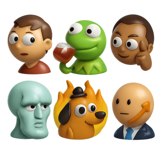 sprite sheet of famous modern meme faces of Looking over shoulders,
Kermit sips tea,
Smart Guy,
Chad Squidword,
Dog on Fire everything is fine,
Stonks. each face shaped as a round marble shaped face made in blender 3D