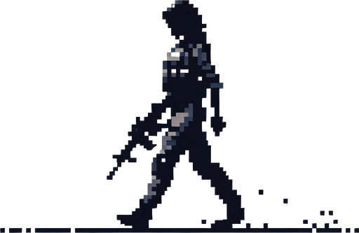 A single soldat walking downard in a 16 bit style Single Game Texture. In-Game asset. 2d. Blank background. High contrast. No shadows.