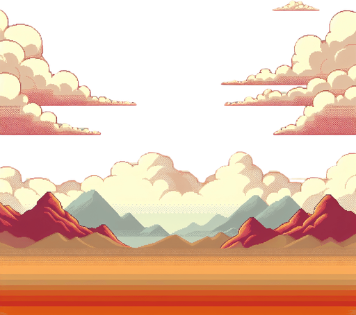 Distant clouds and mountains. Cartoony. Mario style.
Blank background.  High contrast.  No shadows