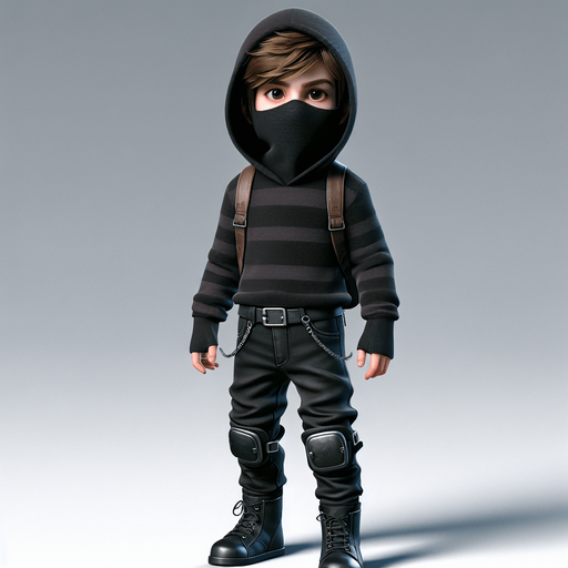 A ninja kid thief, full body, with a dark colored hoodie.
Single Game Texture. In-Game asset. 2d. Blank background. High contrast. No shadows.