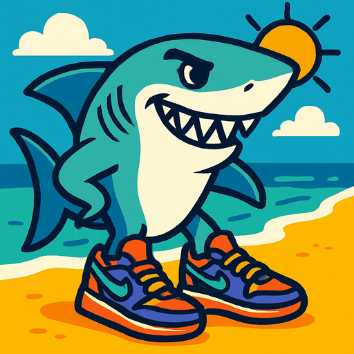 shark with nikes on the beach.
In-Game asset.  2d.  High contrast.  No shadows