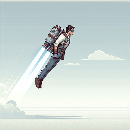 Person flying with jetpack with color.
Single Game Texture.  In-Game asset.  2d.  Blank background.  High contrast.  No shadows