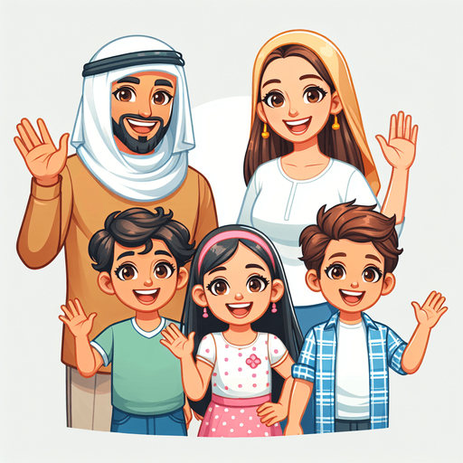 A smiling family waving..
Single Game Texture. In-Game asset. 2d. Blank background. High contrast. No shadows.