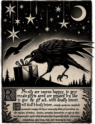 a pergament with a raven stealing a christmas present on the top. At the bottom is the text: "Not only are ravens happy to receive gifts and are appeased by them, they also like to give the gift back... with deadly intent."