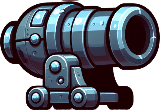 Type: 2D sprite (top-down or side view).
Style: Cartoonish or futuristic metallic cannon.
Animation: Slight recoil effect when shooting.
Size: Medium (fits at the bottom of the screen)..
Single Game Texture.  In-Game asset.  2d.  Blank background.  High contrast.  No shadows
