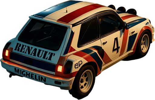 Photorealistic RENAULT Rallycar in nightlight, drone topview from back and 45 degrees angle in top right corner.