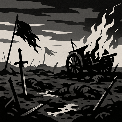 A war-torn battlefield with broken swords and burning wagons, muddy bloodstained ground, corpses under grey skies, banners torn and forgotten, realistic.
In-Game asset.  2d.  High contrast.  No shadows