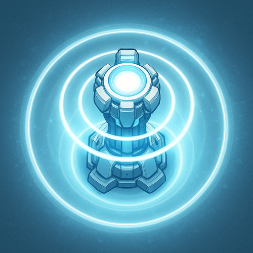 top-down view, futuristic support beacon tower, energy rings, radiant aura effect, soft blue and white glow, advanced tech support node.
In-Game asset.  2d.  High contrast.  No shadows