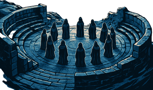 A mountaintop stone amphitheater under a glowing full moon, robed figures in a ritual circle, icy wind sweeping, high above the clouds, solemn medieval council scene, realistic.
In-Game asset.  2d.  High contrast.  No shadows
