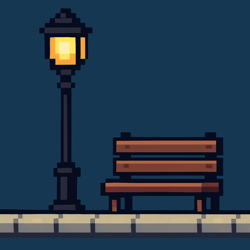 sokak lambası kaldırım ve bank pixel.
In-Game asset.  2d.  High contrast.  No shadows