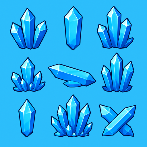 Pack of a different crystal assets. Blue sky color. HD colors..
In-Game asset.  2d.  High contrast.  No shadows