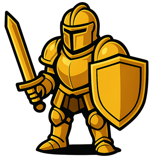 A knight with golden armour, golden shield and golden sword.
In-Game asset.  2d.  High contrast.  No shadows