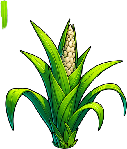 A young, unripe corn plant..
Single Game Texture. In-Game asset. 2d. Blank background. High contrast. No shadows.