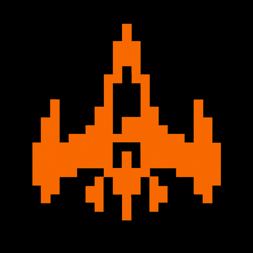It's a spaceship made of orange pixels, reminiscent of arcade games..
In-Game asset.  2d.  High contrast.  No shadows