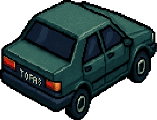 Tofaş turkish car, seen from behind 45 degree to the right

Top-down, gta2, Single Game Texture. In-Game asset. 2d. Blank background. High contrast. No shadows.isometric