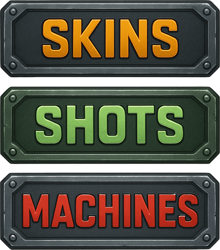 pack of different 3 buttons "skins""shots""machines", metal texture, different color for metal and for text.
In-Game asset.  2d.  High contrast.  No shadows